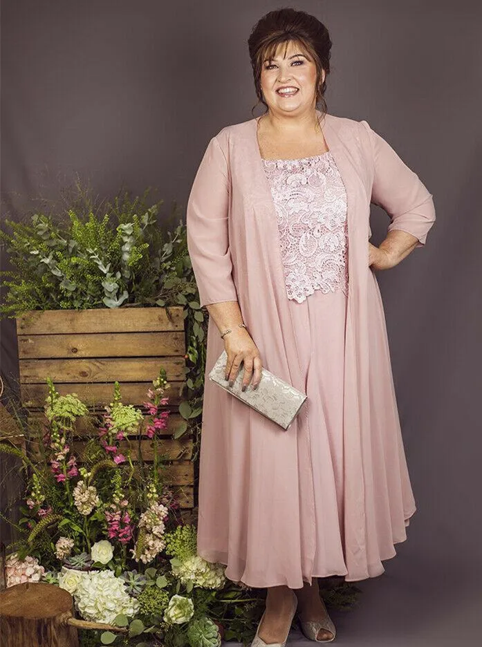 

Ankle Length Plus Size Mother of Bride or Groom Dress with Coat Lace Chiffon 3/4 Sleeve Suit Wedding Guest Party Outfits