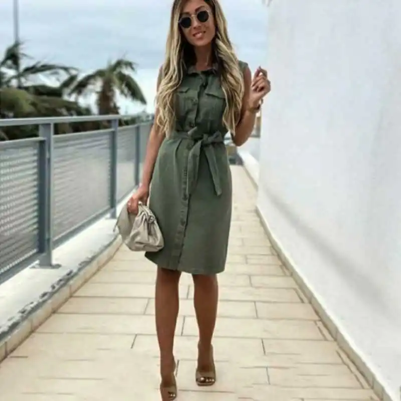 

Women Vintage Front Button Sashes Sheath Party Dress Sleeveless Turn Down Collar Casual Mini Dress 2021 Summer Fashion New Dress