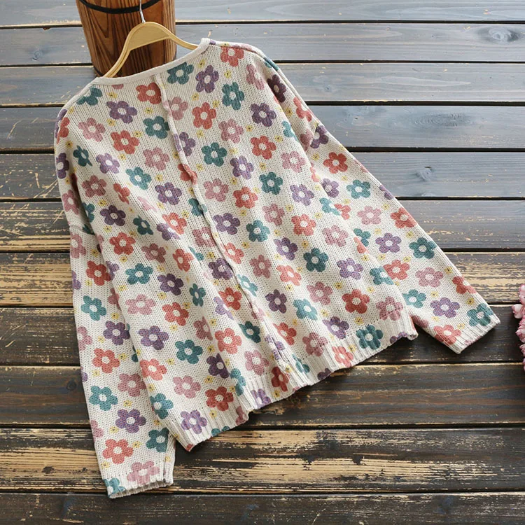 Vintage Mori Girl Floral Sweater 2019 V neck Autumn Loose Print Cardigan Knitting Coat Korean Fashion Women Tops YoYiKamomo |