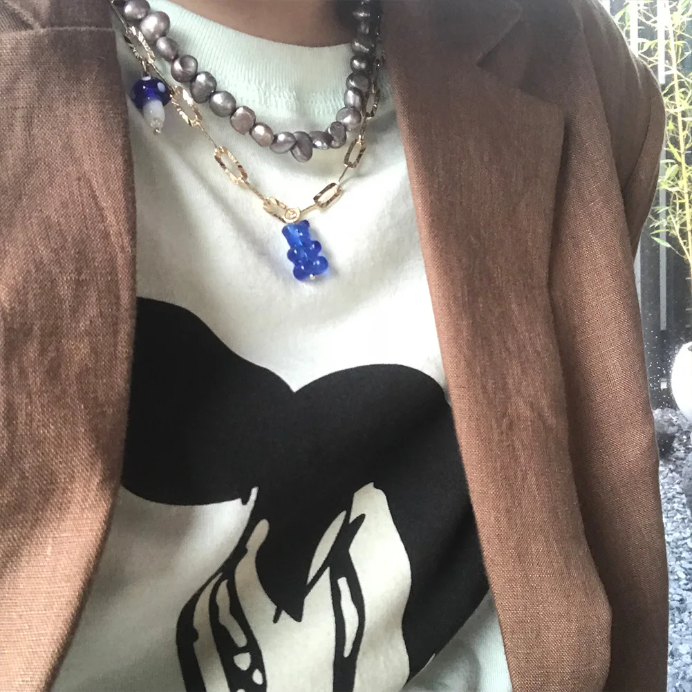 

New Transparent Blue Gummy Bear Pendant Metal Chain Necklace For Women Kpop Cute Mushroom Choker Necklaces Party Jewelry Gifts