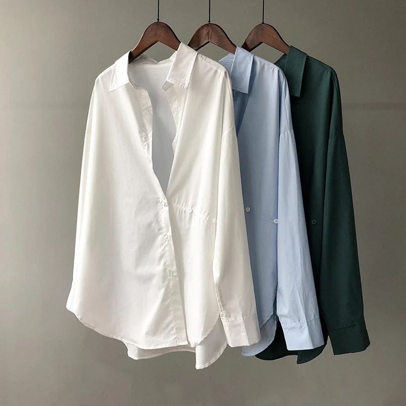 

Autumn 2021 Blouses and Shirts Women Elegant Casual Long Sleeve Irregular Button Loose Top Female Office Solid White Chic