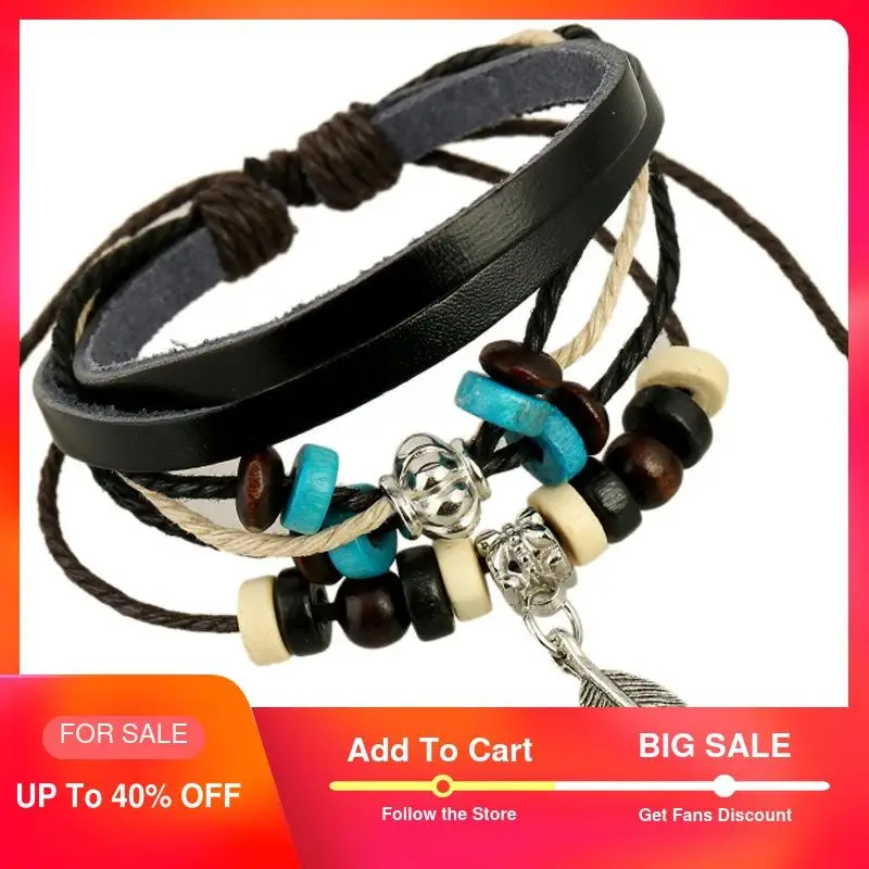 

Vintage Leather Bracelet Women Multiple Layers Charm Bracelet female Feather Bracelets & Bangles Men Gift Fashion Jewelry 2019