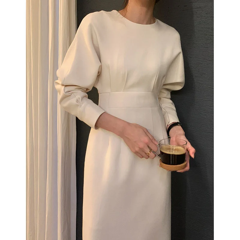 

Elegant Fashion Women's Dress Autumn Long Sleeve Pencil Dresses for Women 2021 Knee-Length O-Neck Solid Bodycon Dress Woman New