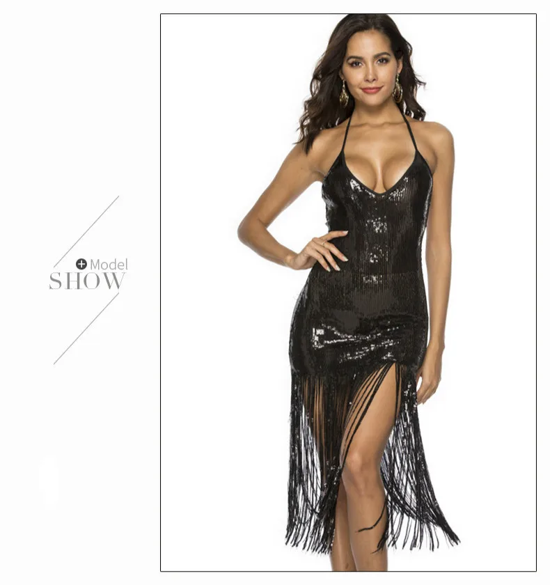 KAUNISSINA Sequin Tassel Cocktail Dresses Sexy Club Wear Party Dress Halter Strap Backless Party Gown Cocktail Dress