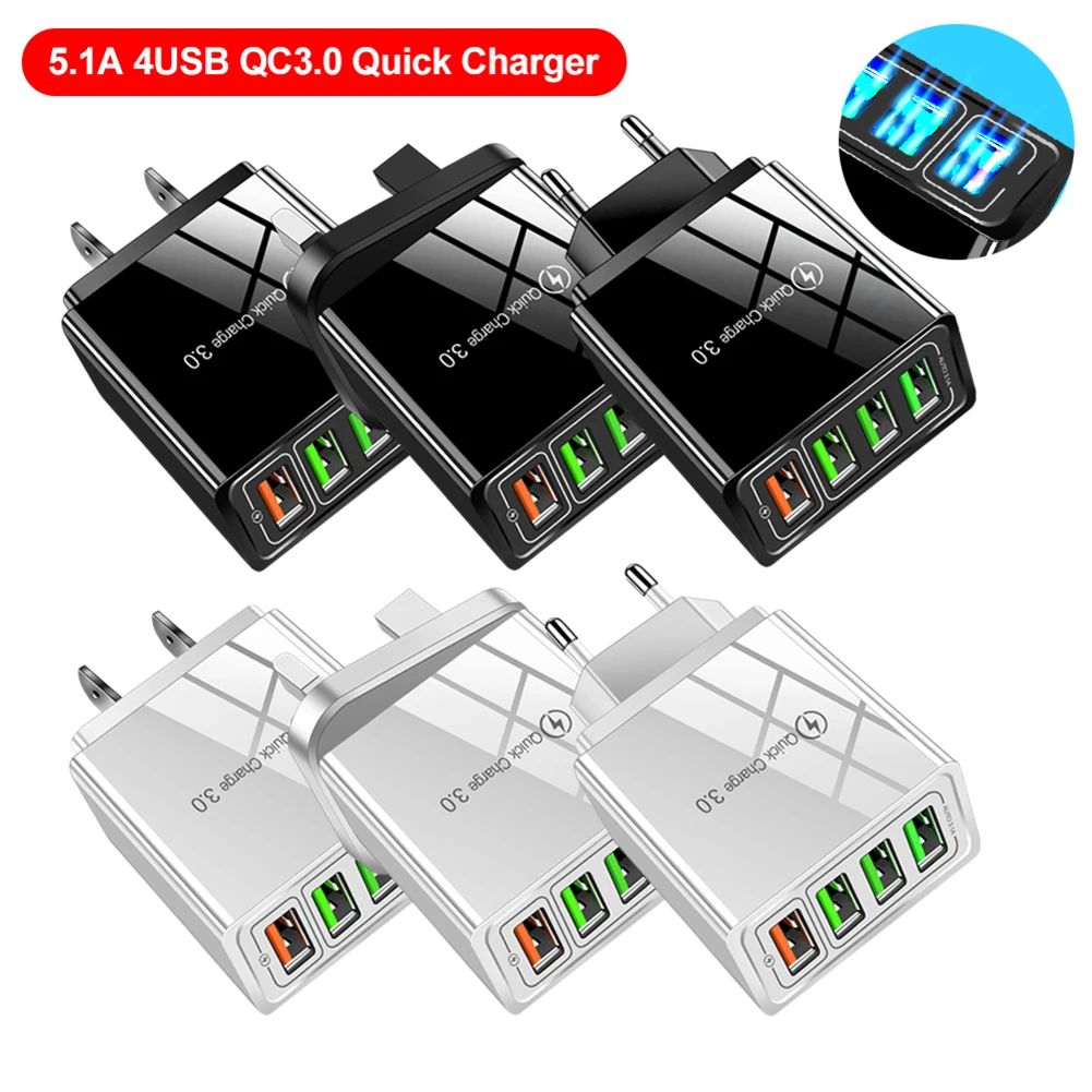 

New Output Travel Plug Power Adapter Universal Compatible USB Q4 5.1A 4USB Fast Charging 4 Multi Port Charger Power