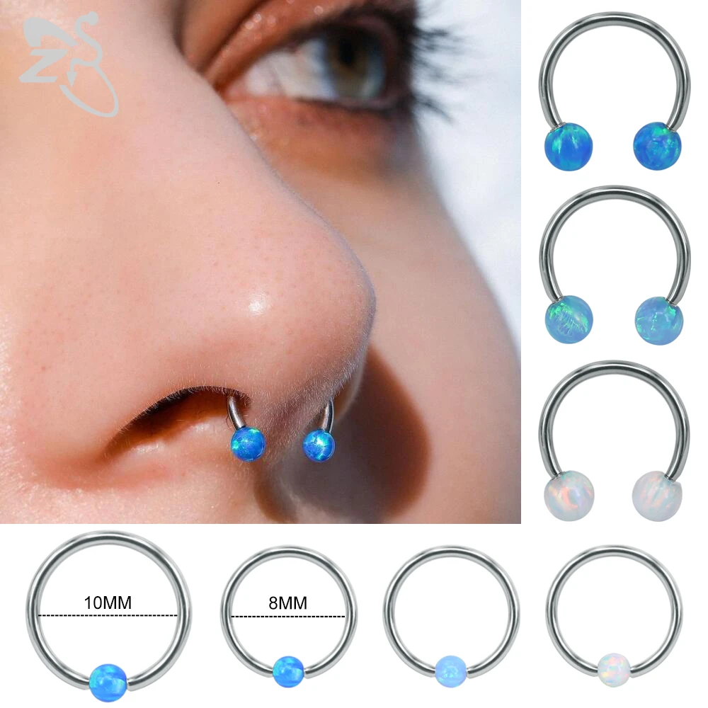 

ZS 1 PC Blue Opal Nose Ring For Women Girls 16G Stainless Steel Septum Piercing Clicker Ear Helix Tragus Lip Piercings 8/10MM