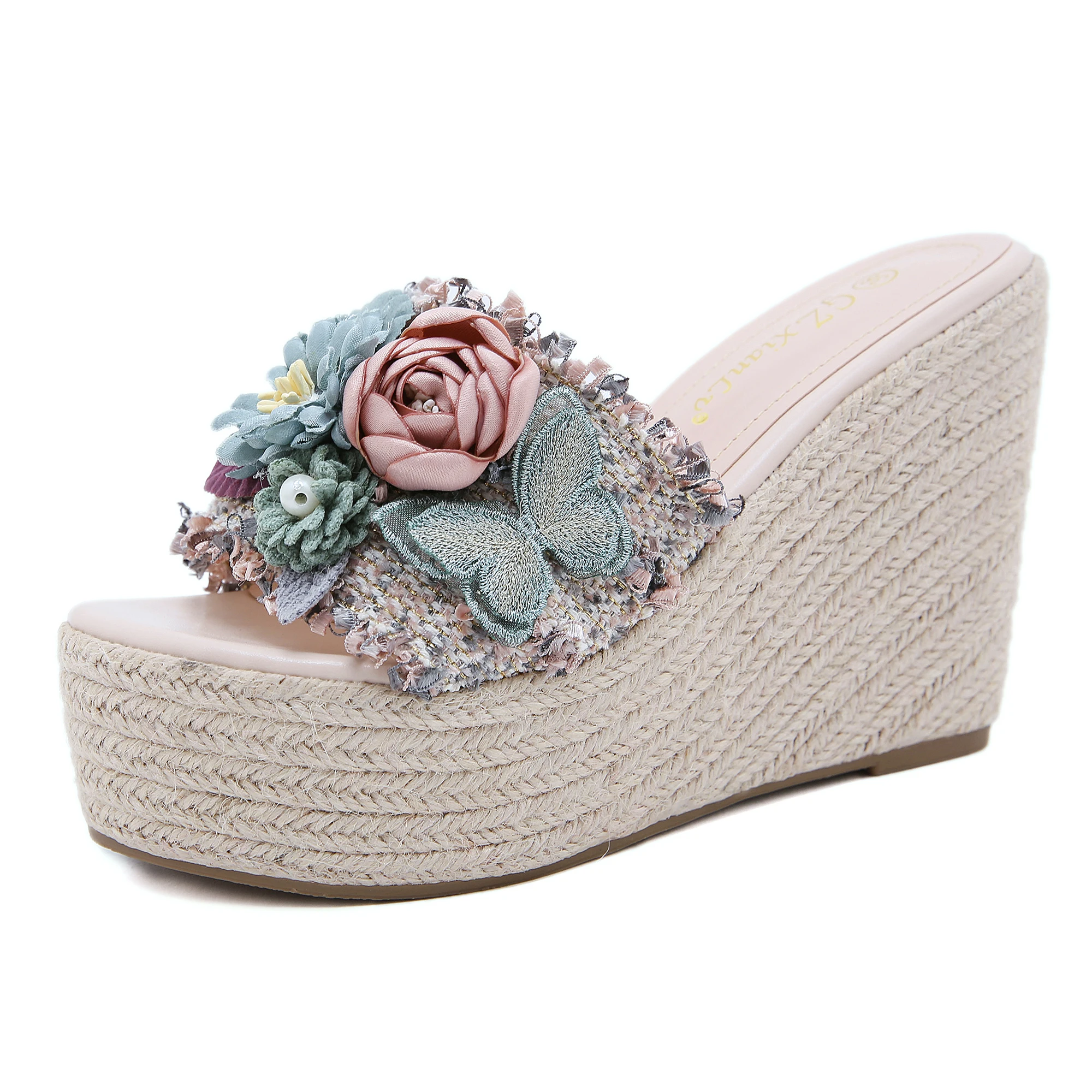 

High-Heeled Shoes Lady Woman's Slippers String Bead Slides Rubber Flip Flops On A Wedge Platform Flower 2021 Hawaiian Fabric Flo