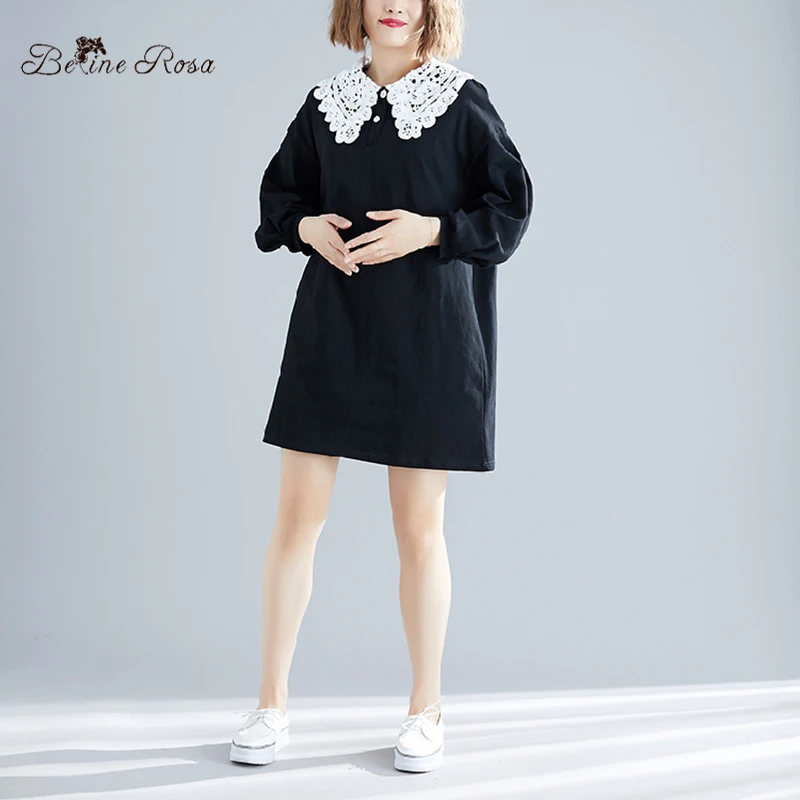 BelineRosa Женское Kawaii Черное короткое платье украсить кружевным воротником Фонарь