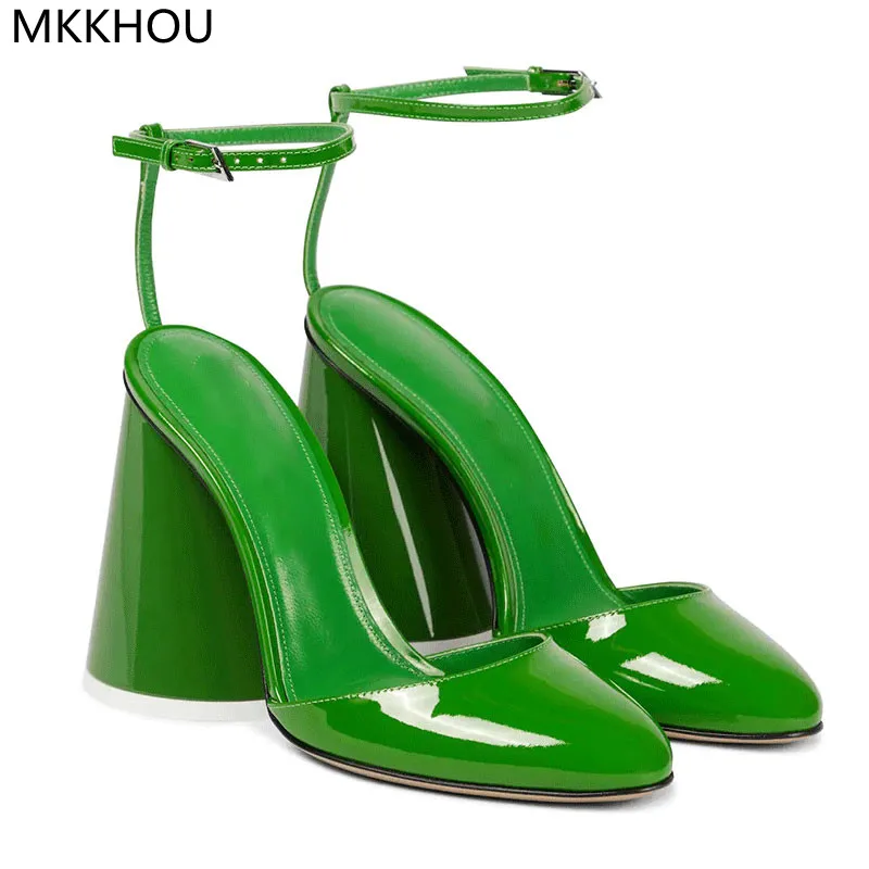 

MKKHOU Fashion Sandals Women New Green Pumps Sexy Patent Leather Open Heel Ankle Buckle Tapered 9.5cm High Heel Women Shoes