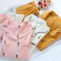 women cotton pajama sets carrot print pattern long sleeve shirttrousers soft sleepwear set nightie home clothes autumn