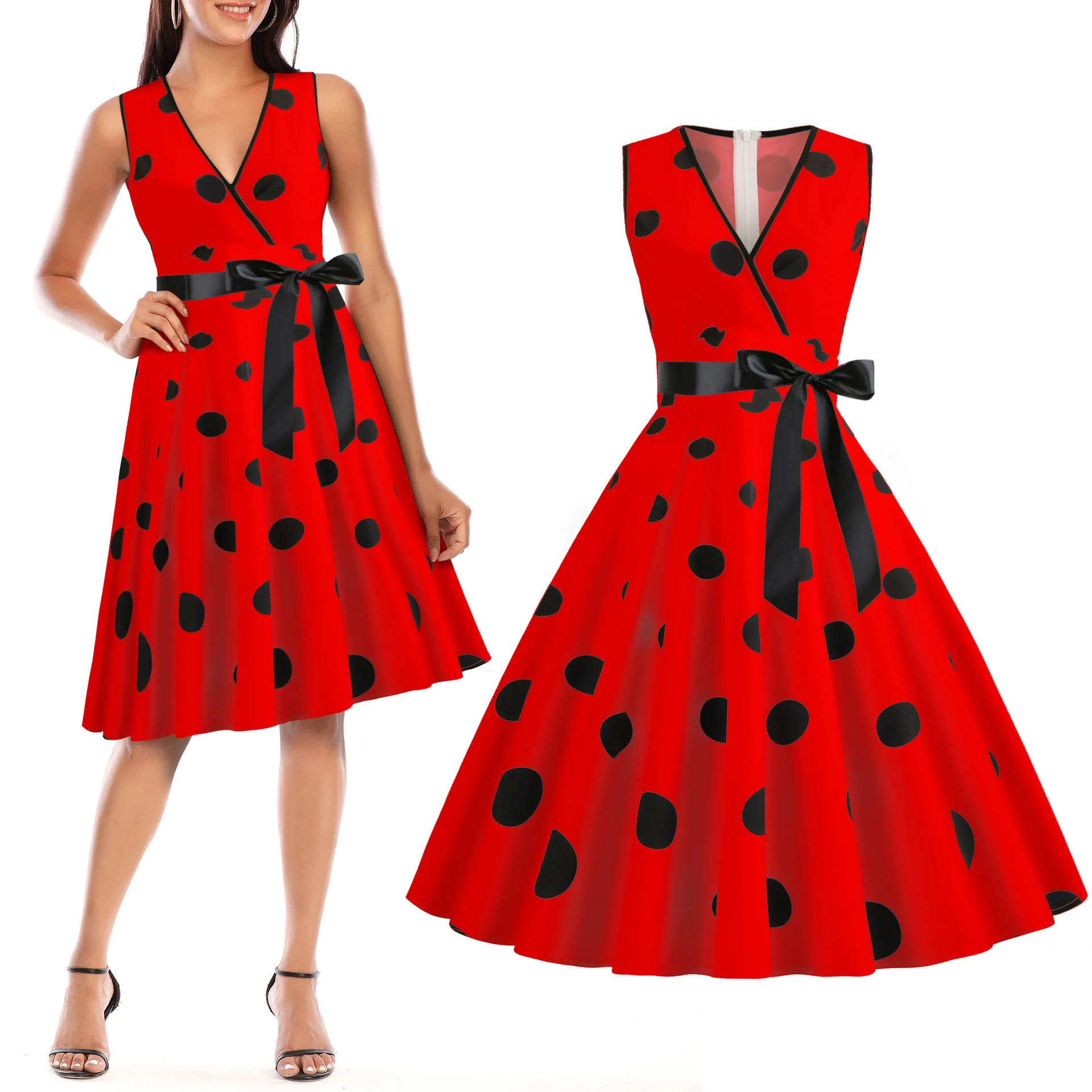 

Women 2021 Summer Vintage Print Sashes A-line Party Dress Fashion Sexy Deep V-neck Sleeveless Office Lady Elegant Dress Vestidos