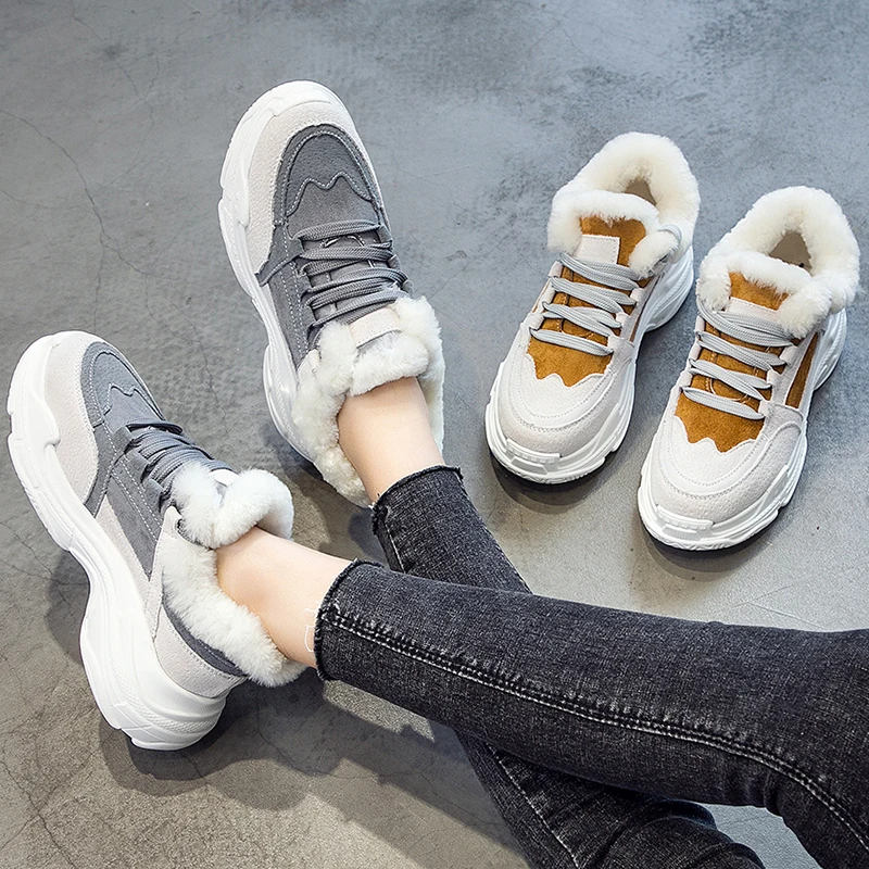 Dumoo/Женские повседневные кроссовки зимние с Плюшевым Мехом теплая женская обувь