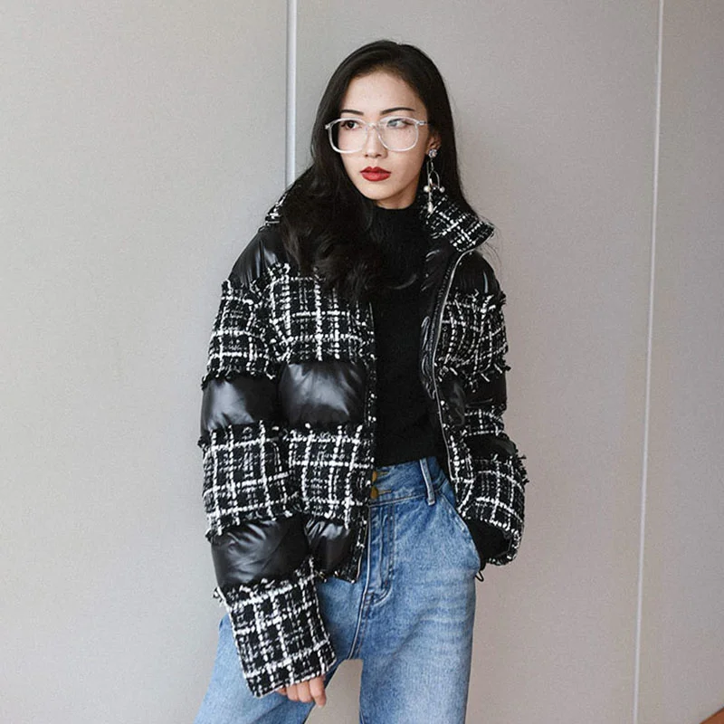 

Ladies Coat Winter Brand Turtleneck Warm Women's Jacket Parka High Quality Fashion Tweed Stitching Lattice Padded Jacket Female
