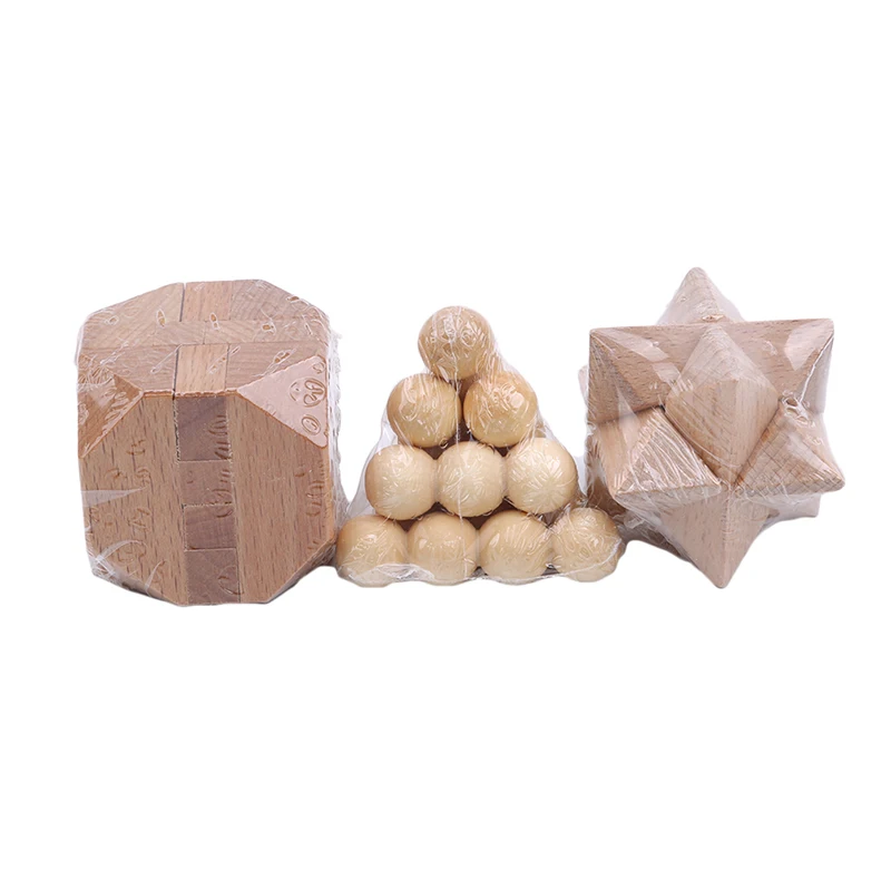 

3 PCS/Set Adult Wooden Puzzle Lock Toy Kong Ming Lock Lu Ban Lock Wooden Boxed three-piece Jupiter Pyramid Tetradecahedron