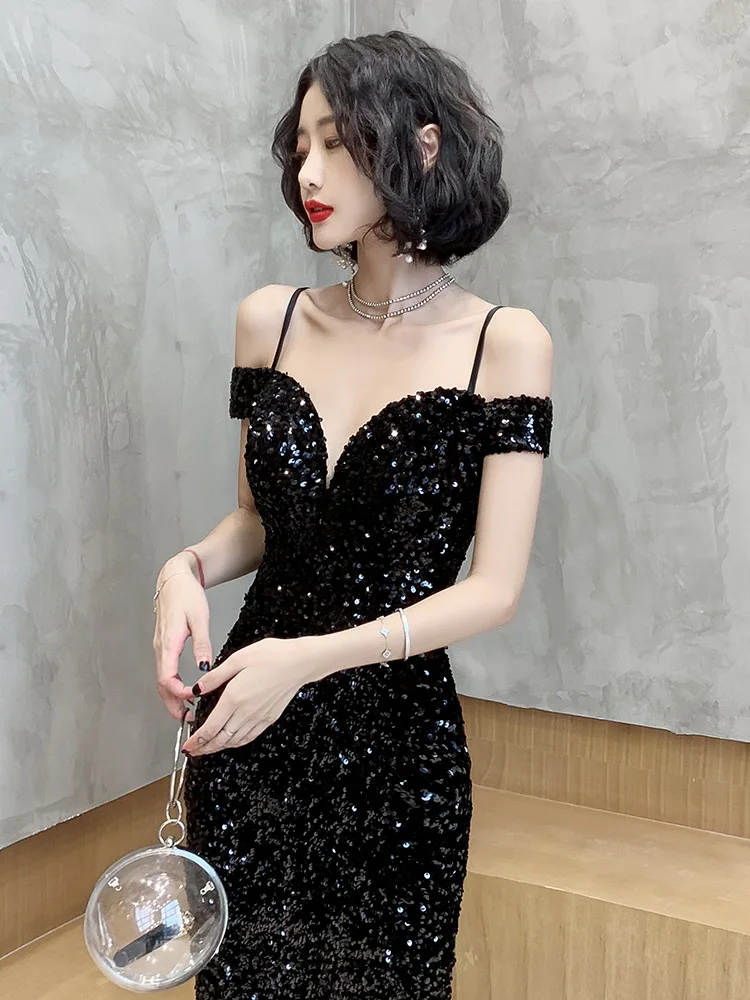 Black Mermaid Evening Dresses Sexy Off Shoulder Sequins Long Prom Party Gowns Cheap Hot Sale Lady Formal Occasion Wear | Свадьбы и