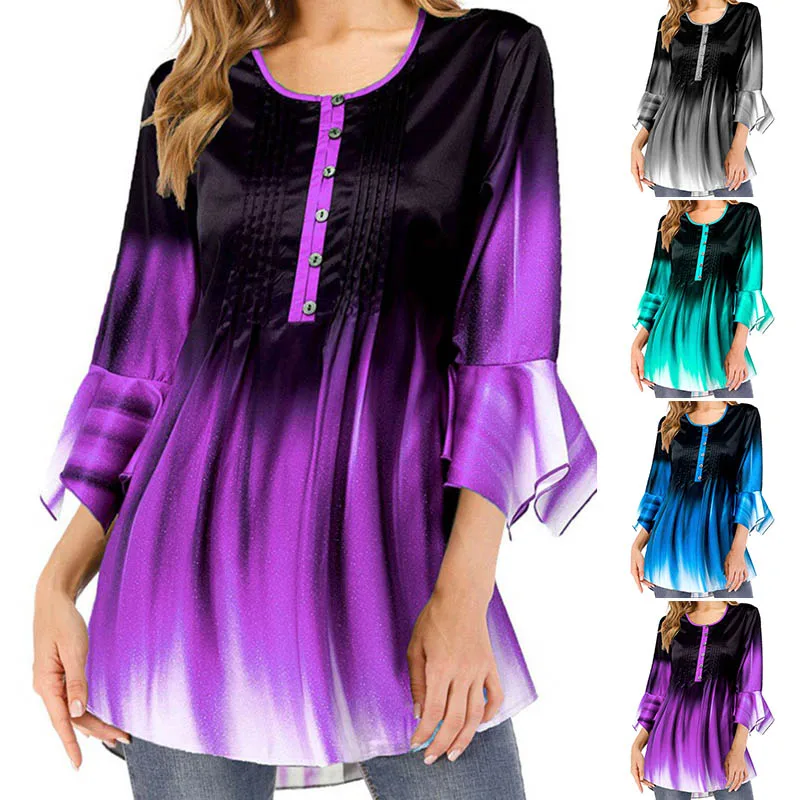 Женская футболка градиентного цвета топы с круглым вырезом пуговицами и длинным