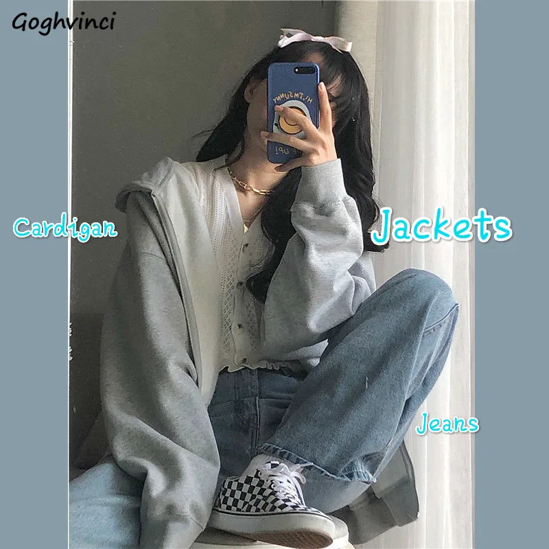 

Women Sets 3Piece Hooded Outwear Basic Jackets Hollow Out Cardigans Wide Leg Jeans Kroean Style Elegant Students Loose Fashion