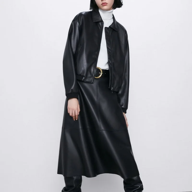 Женские черные куртки и юбки из искусственной кожи осень 2019 новая модная