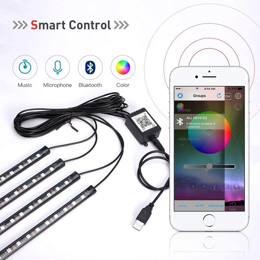 

Nlpearl Led Car Interior Ambient Lights Rgb Strip with USB Wireless Remote APP Music Control Multiple Modes Atmosphere Lights