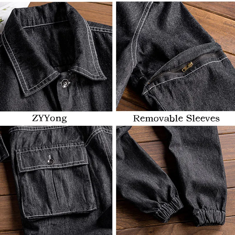 Men's Denim Jumpsuit Lapel Long Sleeve Removable Beam Feet Black Overalls Streetwear Hip-Hop Jeans Cargo Pants Leisure Trousers