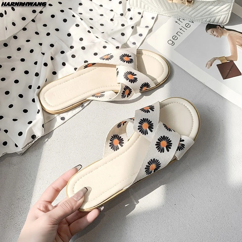 

2021 Summer Cloth Printed Decorative Women's Slippers Fashion Cute Women's Shoes Indoor Special Flat Shoes Plus Size 36-42
