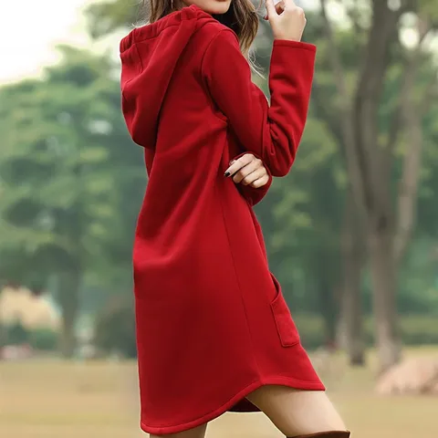 Women Loose Long Hoodie Solid Red Sweatshirt Hoodies Fashion Casual Autumn Pocket Drawstring Long Sleeve Sweatshirt Dress Female