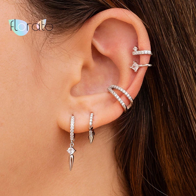 

Fine 925 Sterling Silver Crystal Charms Hoop Earrings For Women Geometric Cone Prevent Allergy Girl Earrings Jewelry Gift