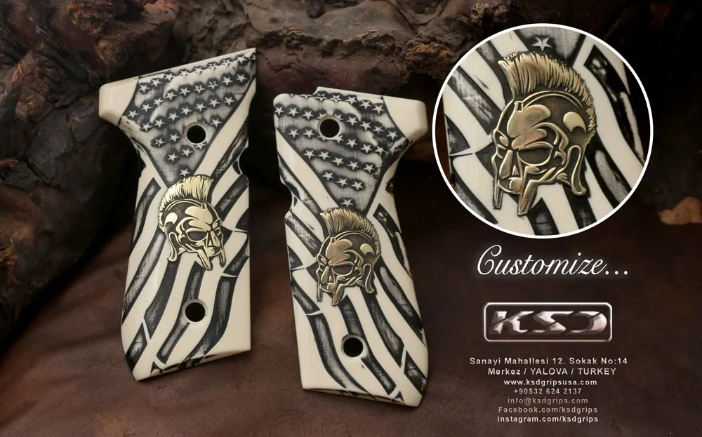 

KSDGrips Beretta 92/96/98/M9 Full Size Compatible Ivory Acrylic Grip for Replacement (with Spartan figure on Brass)