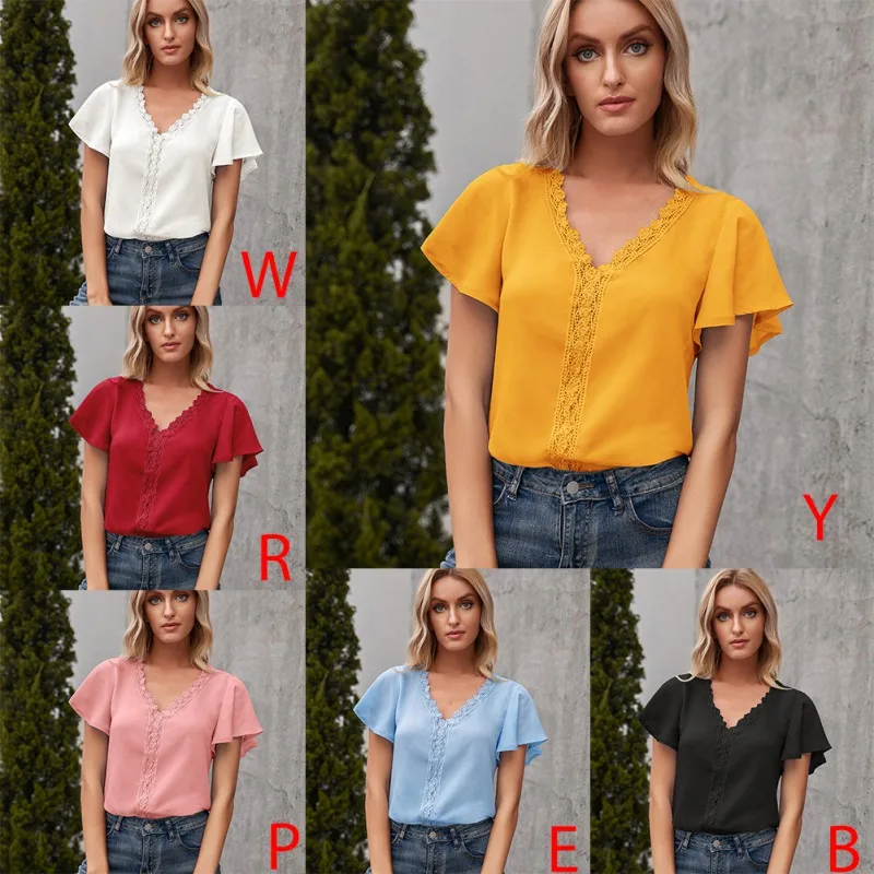

Woman Loose T-shirts 2021 Summer Lace New T Shirt Slit Sleeve Ladies Sexy V Neck Solid Color Short Sleeve Slim Female Tee Top