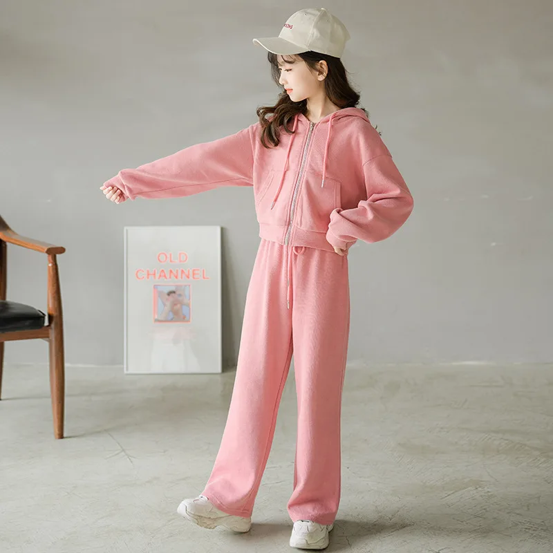 

Teen Girls Active Clothes Set 2021 New Autumn Kids Solid Color Hooded Top And Pants 2pcs Outfits Children Tracksuits