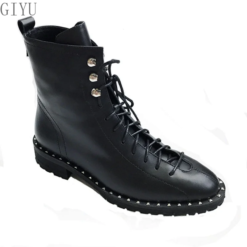 

Giyu PU Leather Ankle Boots Women Autumn Winter Round Toe Lace Up Shoes Woman Fashion Motorcycle Platform Botas Rivet Boots