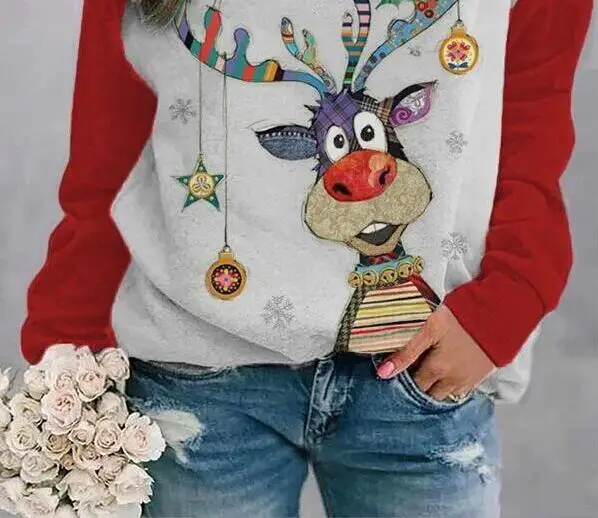 

Large Size 5XL Kawaii Reindeer T-shirt Ladies Fashion Christmas Harajuku Long-sleeved T-shirt White Autumn Winter T-shirt Top