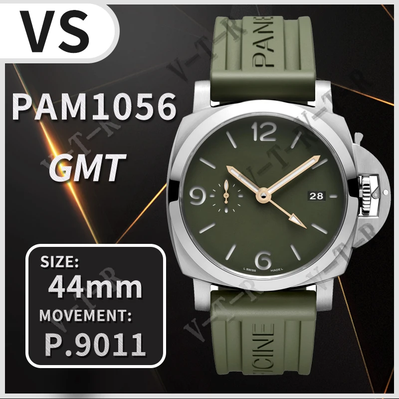 

Men's Automatic Mechanical Watch 44mm PAM1056 V GMT VSF 1:1 Best Edition Green Dial Extra Black Leather Strap P.91 Super Clone01