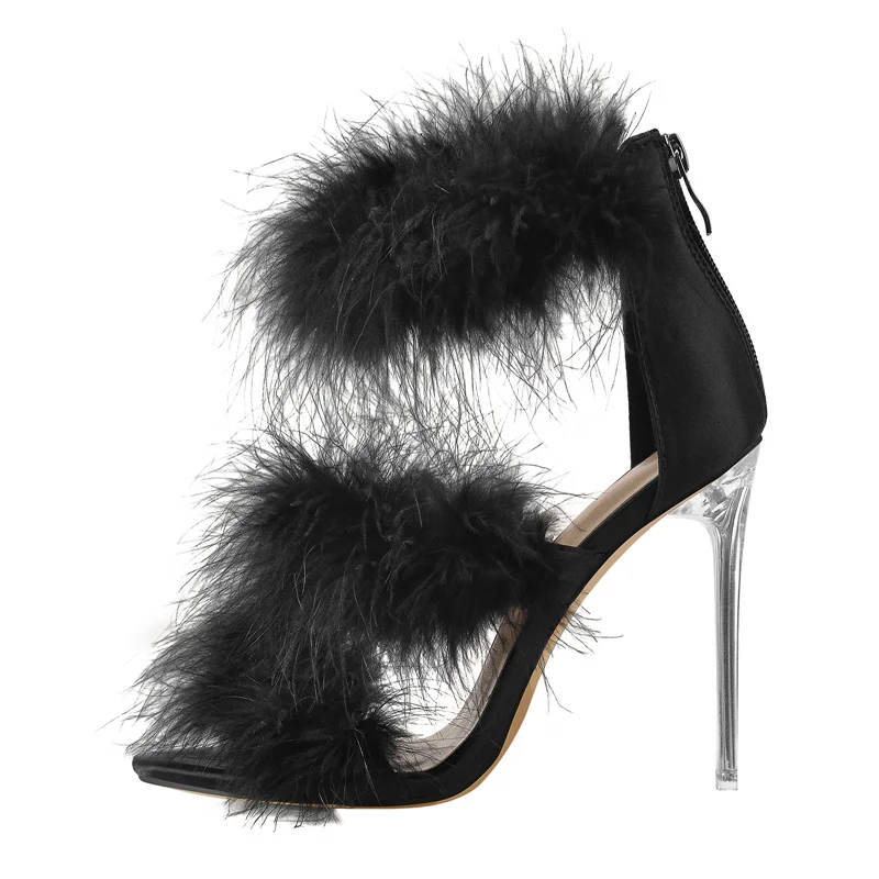 

Richealnana Women Pointed Open Toe Clear Thin High Heels Metal Stilletos Black Feather Ankle Strap Sandals Fashion Party Prom
