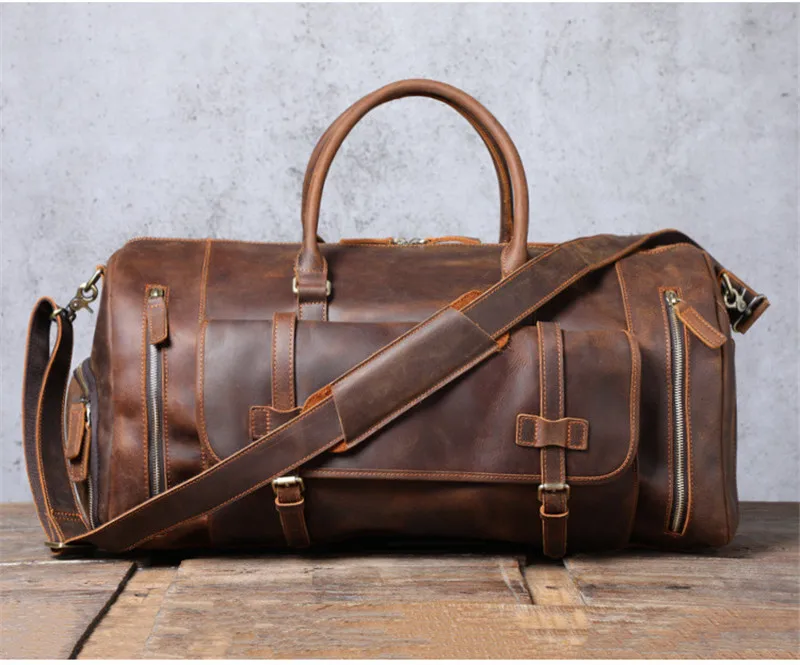 PNDME vintage large capacity genuine leather travel bag natural crazy horse cowhide handbag duffel bag real leather luggage bag