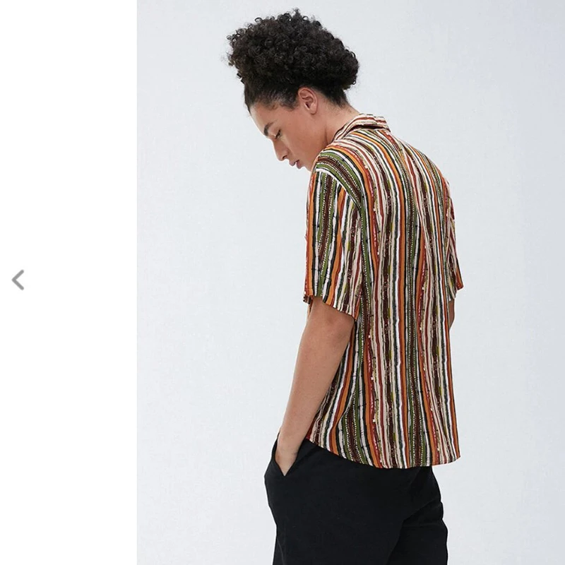 

African Clothes Men's Casual Fashion Stripe Print Short Sleeve Slim Shirt Short Sleeve Casual Hawaiian Shirts Men Streetwear