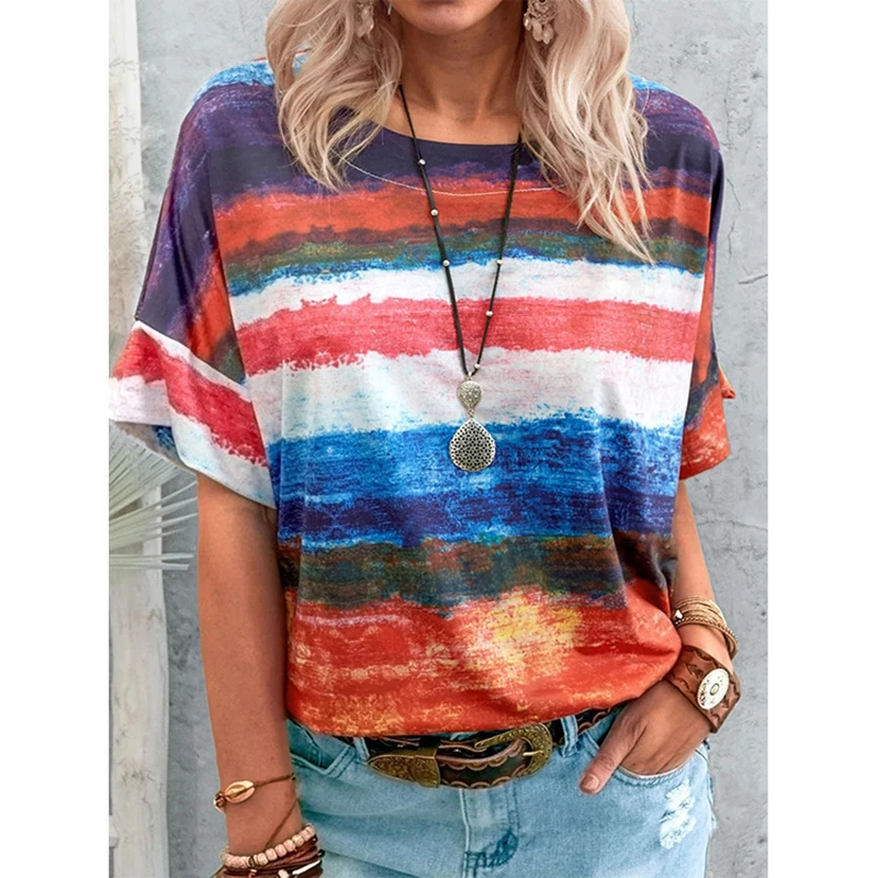 

Tops Women Tie Dye Stripe T Shirt Casual Short Sleeve Oversized Loose Tee Shirts Fashion Ladies 2021 New Summer