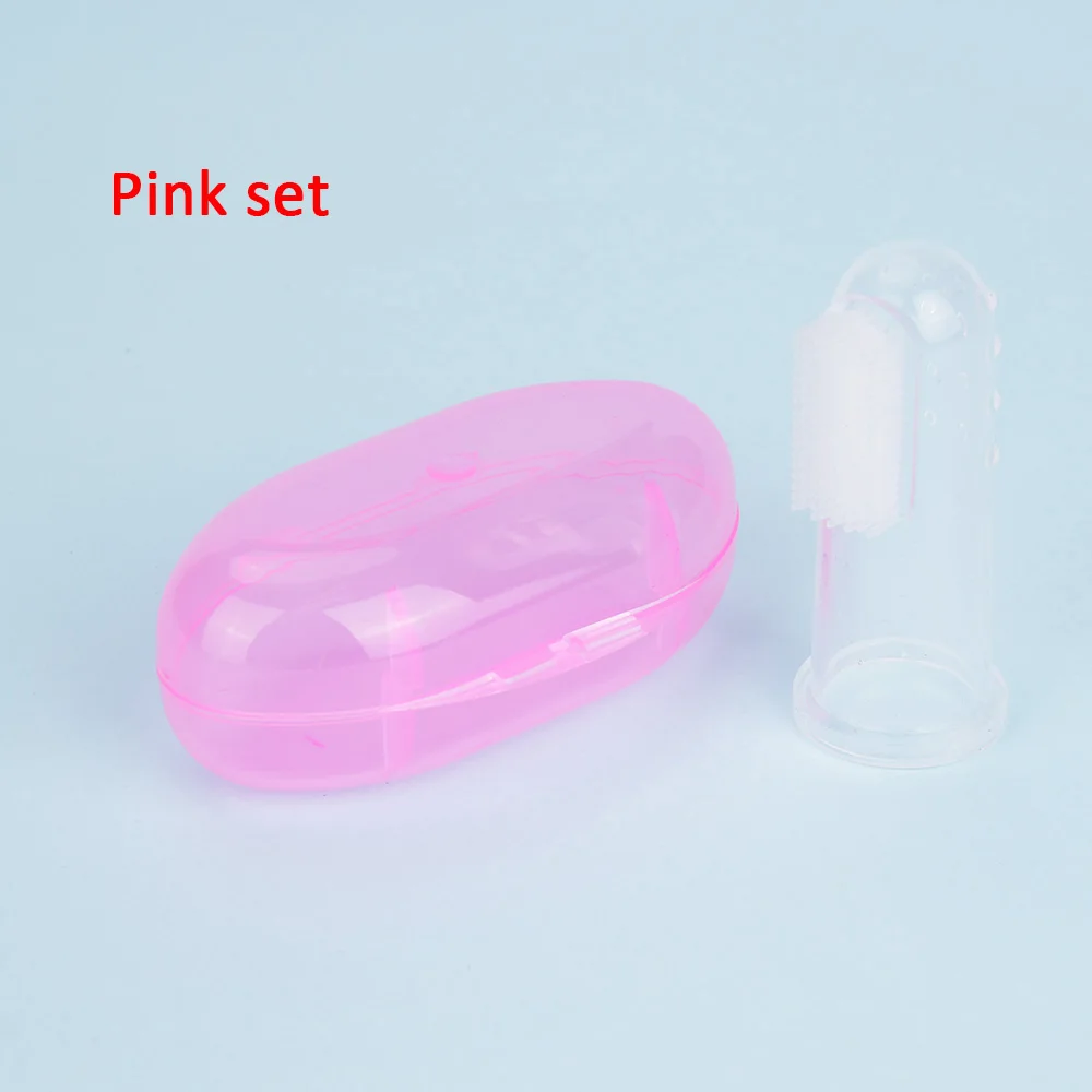 Pink set Quaslover детская зубная щетка для пальцев для младенцев, Силиконовая зубная щетка для детей, Чистящая Щетка для детей, прозрачная Массажная щетка, контейнер, коробка - Цвет: Pink set