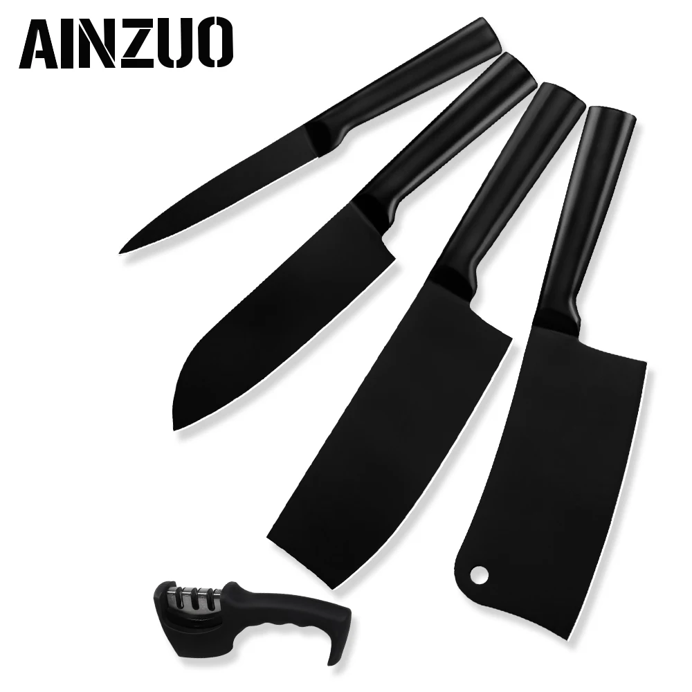 AINZUO 5 Pcs Kitchen Knife Set 4cr14 Stainless Steel Utility Santoku Chopping Nakiri Sharpener Accessories Tools | Дом и сад