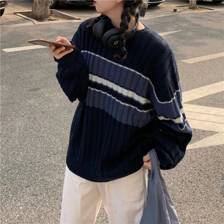 

Loose Striped Pullover Lazy round Neck Nuyoah