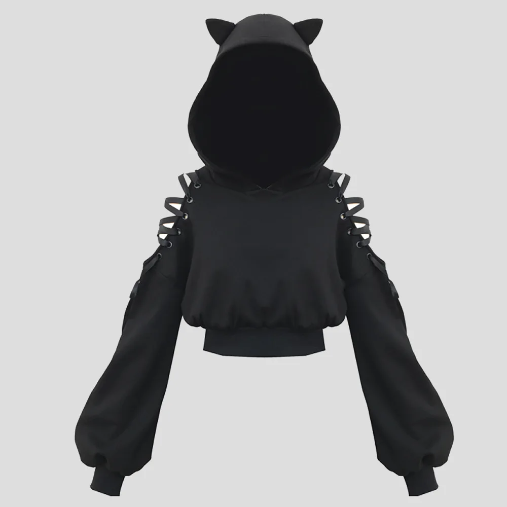 

2021 Spring New Strapless Hooded Sweatshirt with Cat Ears Women Plus Velvet Short Slim Blouse Women Fresh and Sweet Streetwear