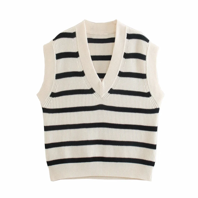 

2021Women Fashion Chic Striped Sweater Vest Female V-Neck Sleeveless Knitwear Girls Casual Tops