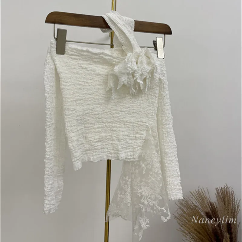 

Short Blouse Woman Summer New Sexy Off-Shoulder Lace Halter Pleated Pattern All-Matching Slim Fit Temperament Long Sleeve Shirt