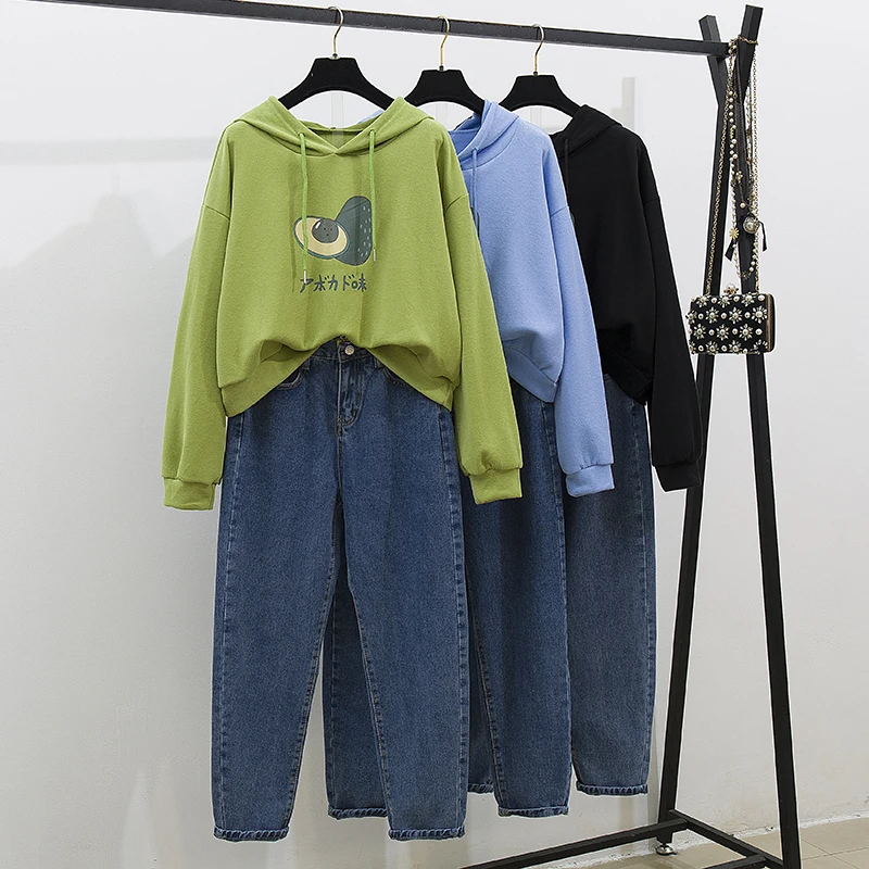 Осенние толстовки Свободный Топ с капюшоном джинсовые штаны новинка авокадо