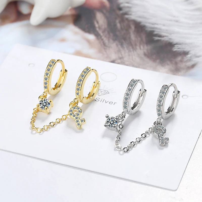 

Women's Fashion Two Ear Hole Piercing Hoop Earrings Chain Tassel Golden/White Crystal Simple Bohemia Earring Jewelry For Girls