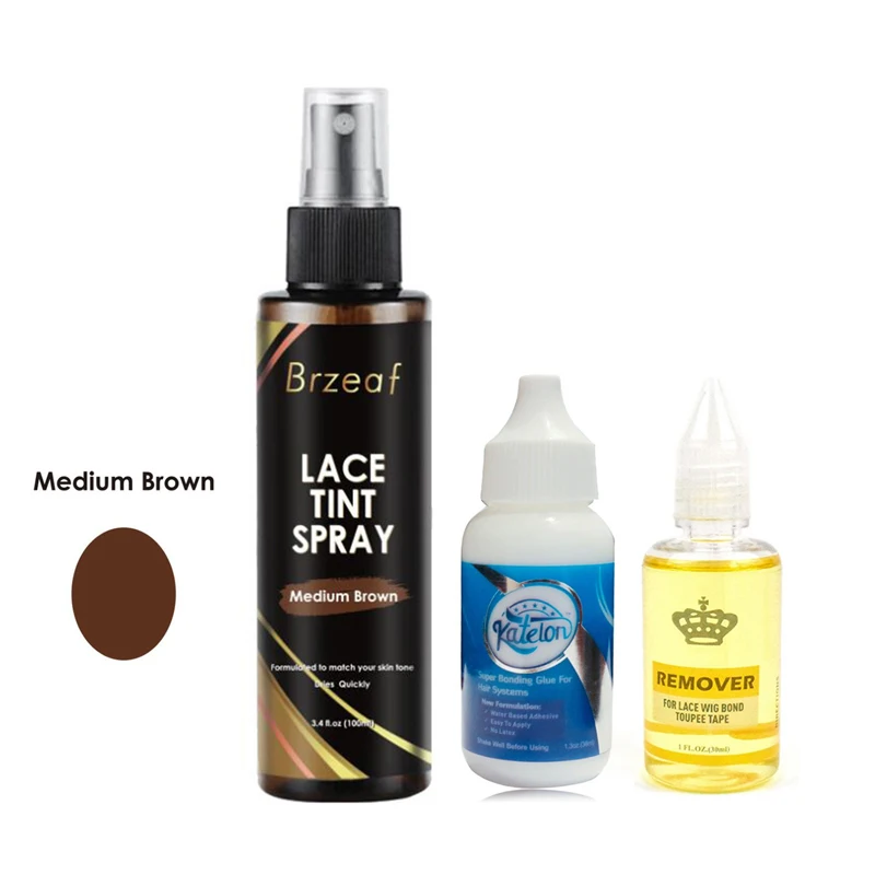 

100ml Medium Brown Lace Tint Spray +1.3oz/38ML Lace Wig Hair Bonding Glue +30ML Remover for Lace wig Hair Closure