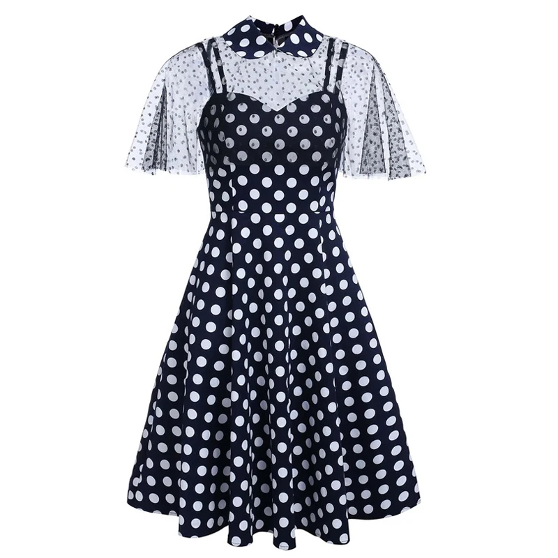 

Женское платье в горошек, винтажное летнее платье из двух частей, прозрачная сетчатая накидка, плиссированное платье с воротником Питера Пэ...