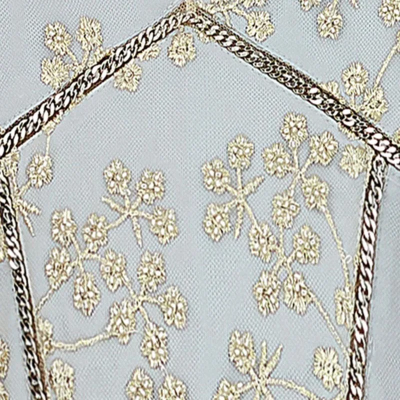 

VGH Elegant Print Dress For Women V Neck Sleeveless High Waist Patchwork Mesh Embroidery Midi Dresses Female Summer Fashion 2021