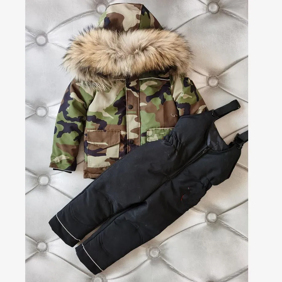 

Children Hooded Warm Down Coat Kids Snow Wear Camouflage Print Outerwear Real Fur Collar Parka Down Jackets For girls boys Y3211