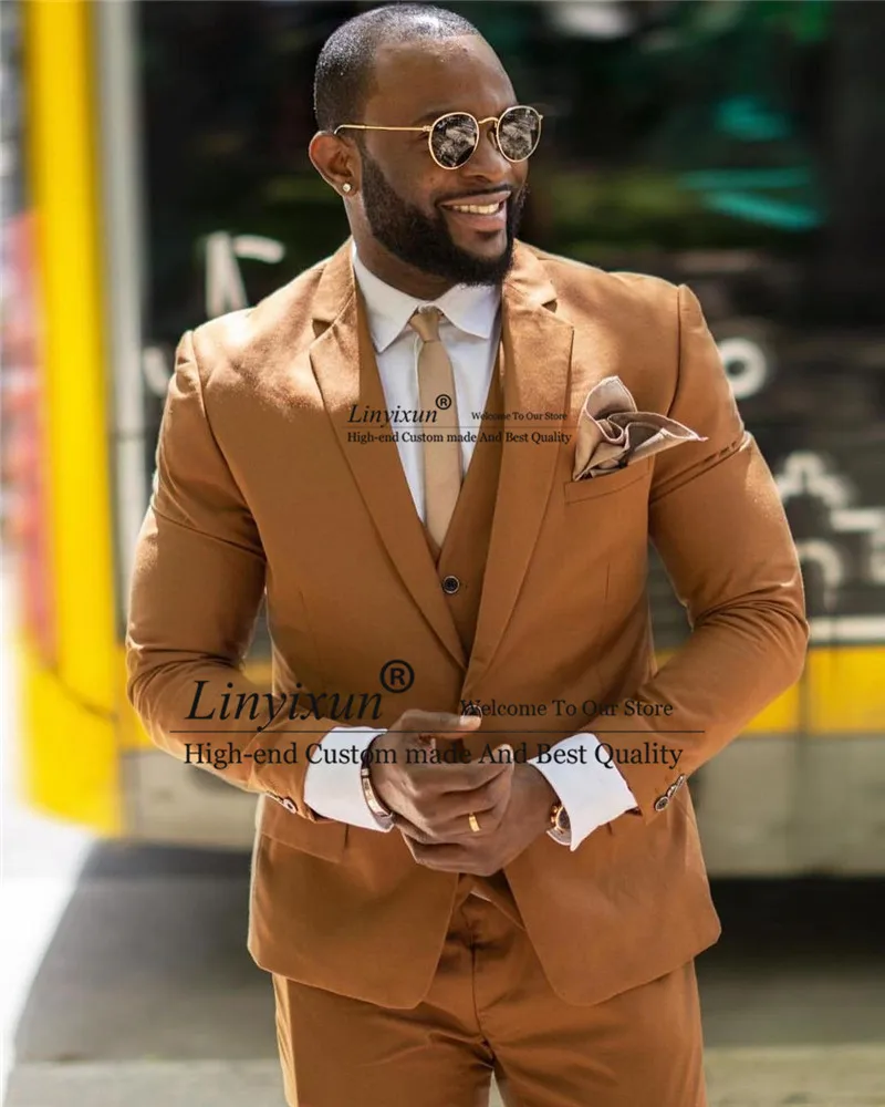 

Fashion Khaki Men Slim Fit Suit 3 Piece Jacket Vest Pants Sets Business casual Blazer Party Prom Groom Wear Tuxedo Costume Homme